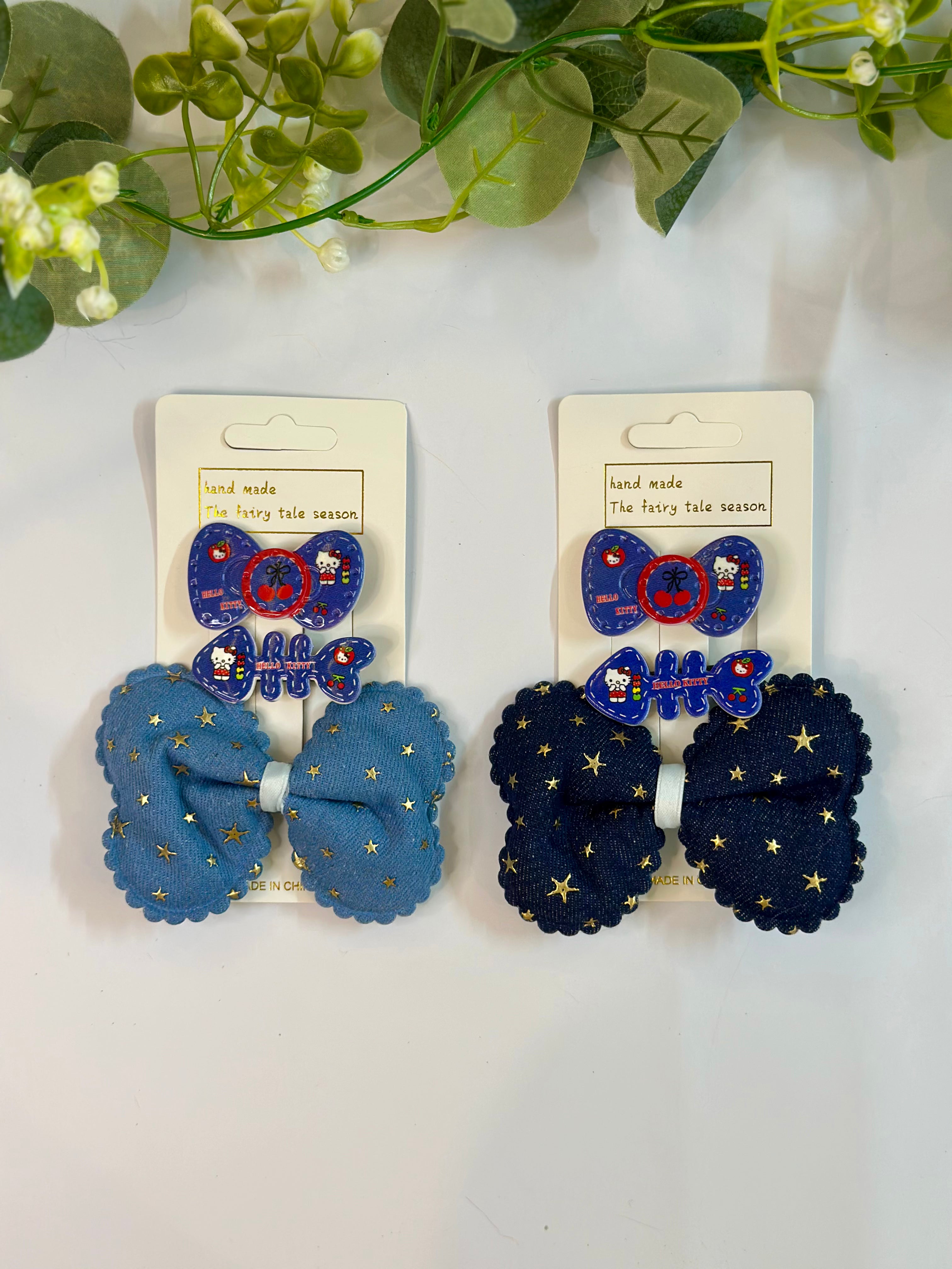 Denim bow clip set