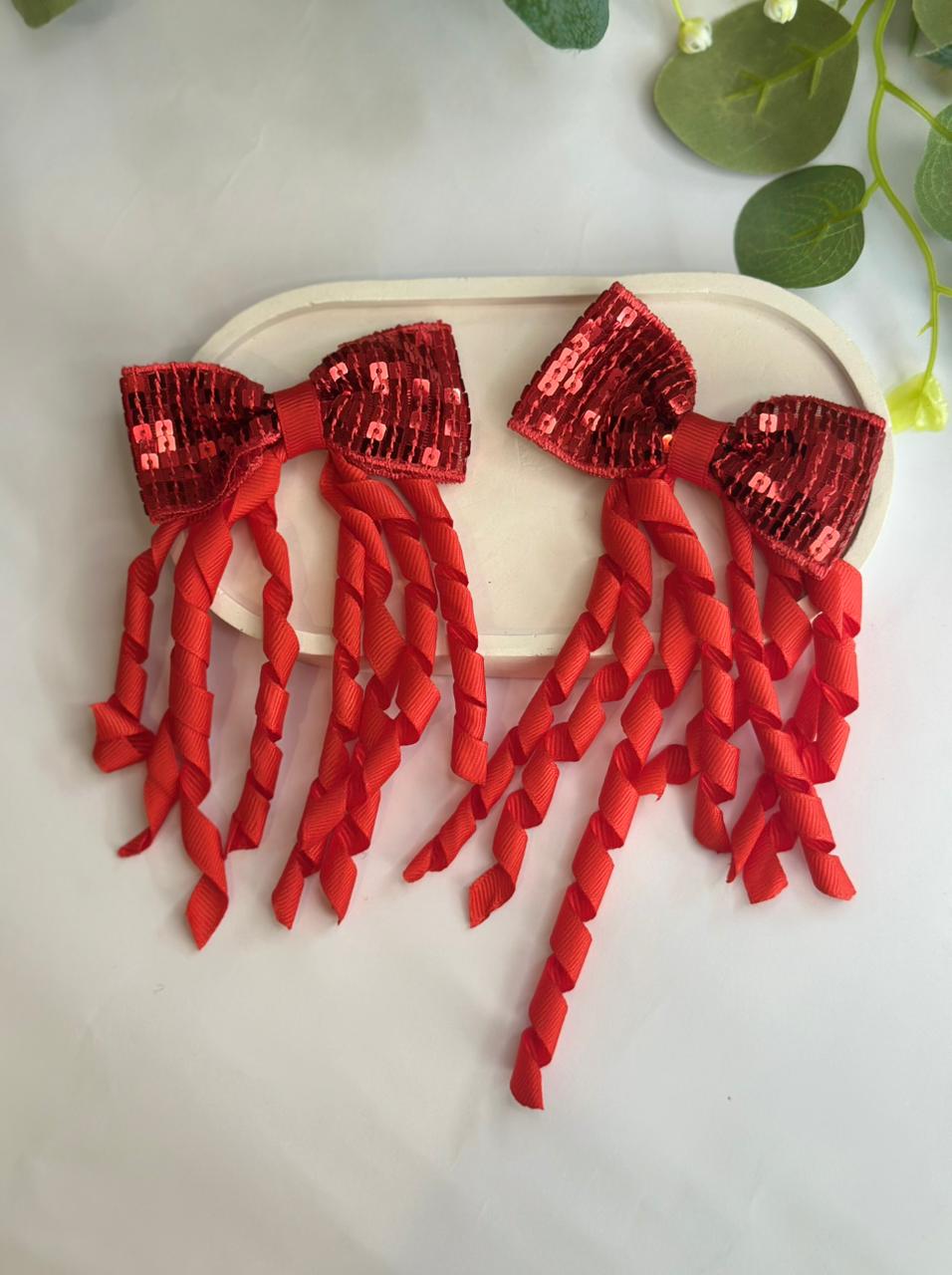 Sequin Bow clips with Curly Ribbon Tails