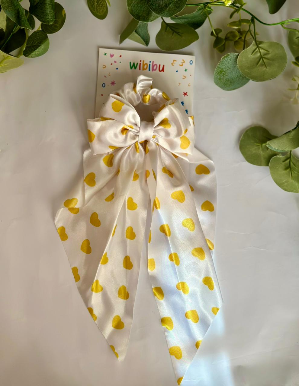 Silk heart long tail bow scrunchie