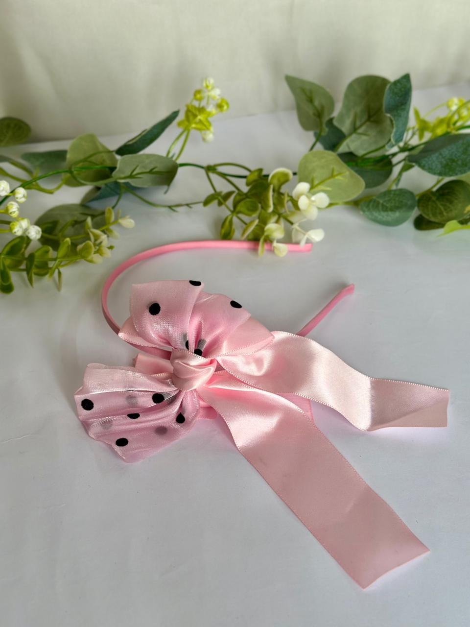 Dots bow head band with ribbon