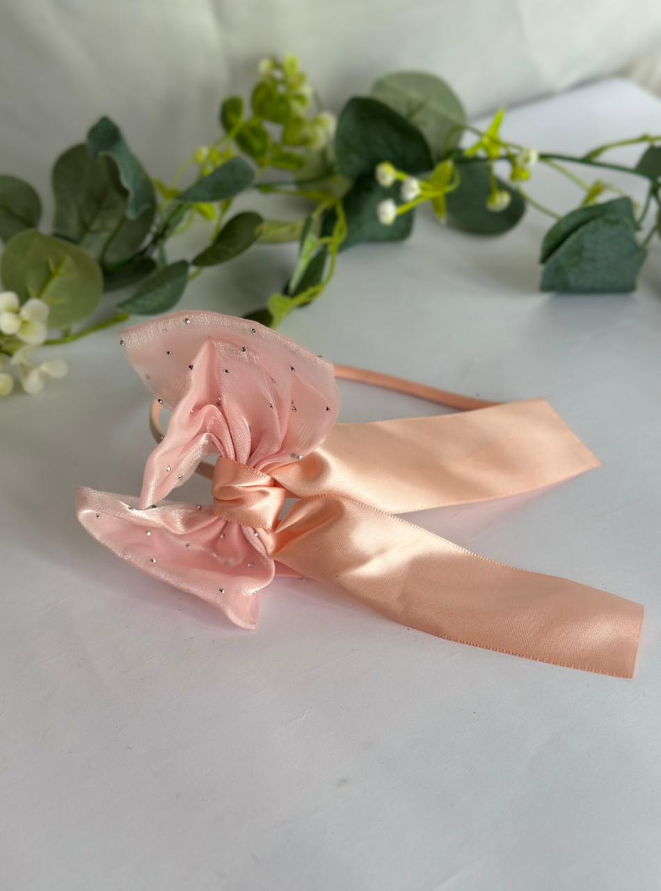 Bow and ribbon headband with rhinestone