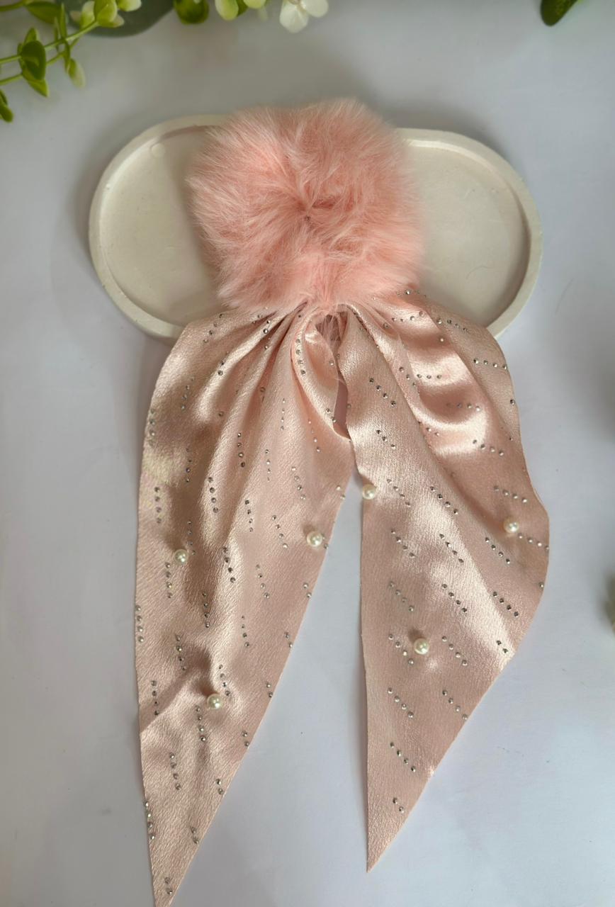 Long tail bow scrunchie with rhinestone