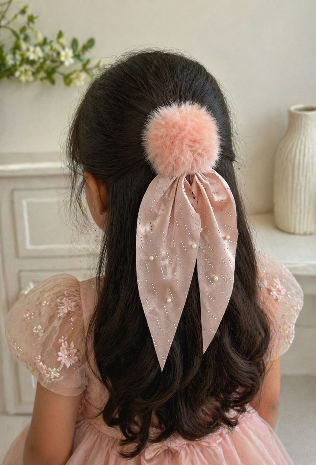 Long tail bow scrunchie with rhinestone